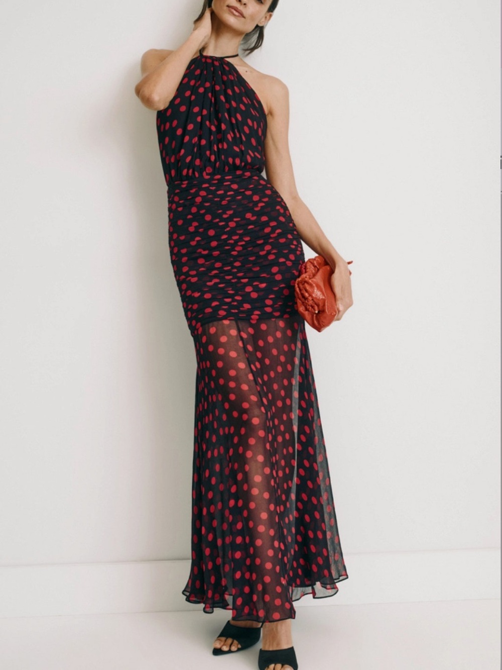 Ronny Kobo Lovisa Drop Waist Sheer Skirt Halter Printed Open Back Maxi Dress NEW
